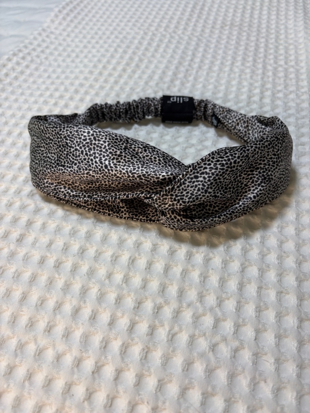 slip Leopard Print Twisted Satin Headband in Black and White